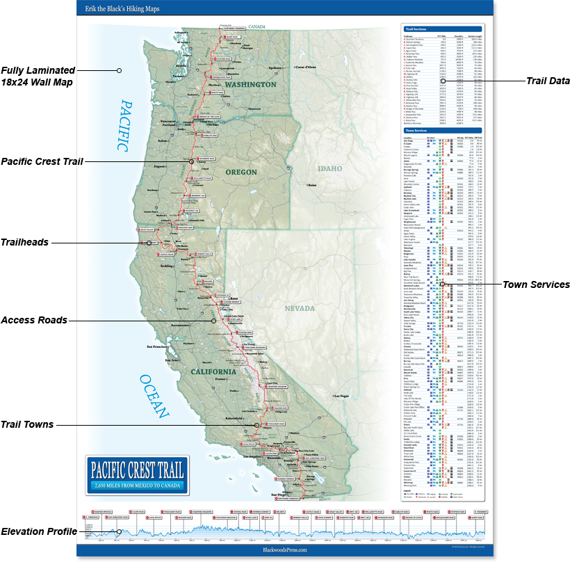 Laminated Pacific Crest Trail Wall Map | Blackwoods Press