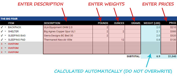 Backpacking Gear List Spreadsheet Instructions