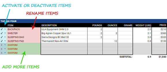 Backpacking Gear List Spreadsheet Instructions