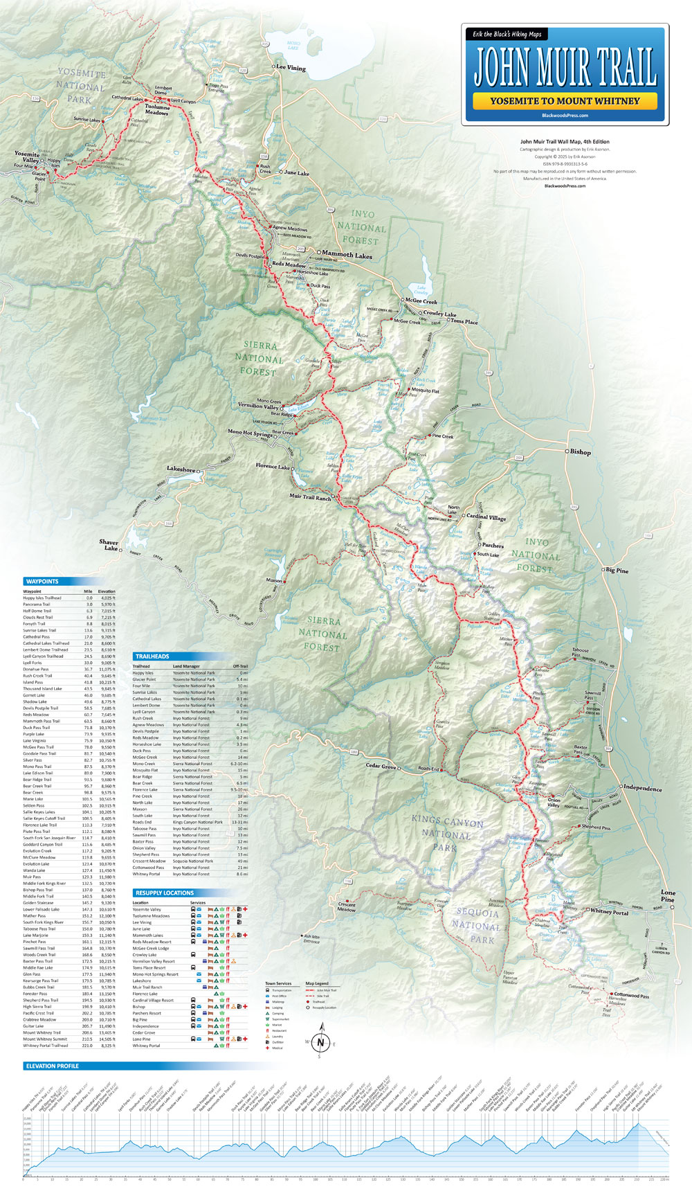 John Muir Trail Map - 15 x 26 inch Laminated